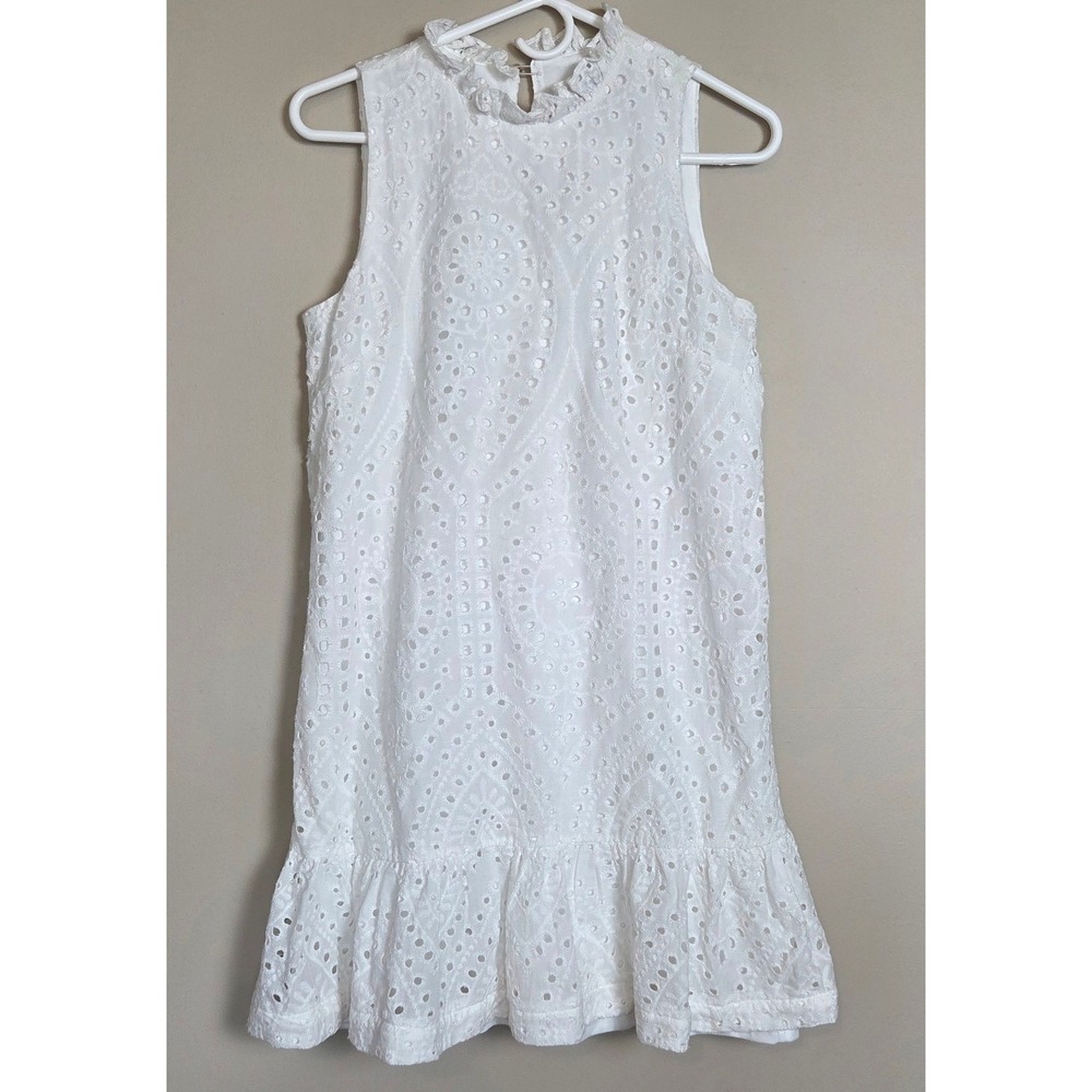 Maia White Eyelet Lace Ruffle Neck Sleeveless Shift Dress Beach Euro Vacation